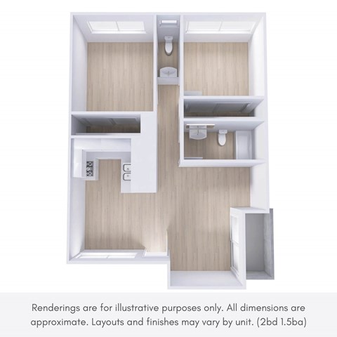 A rendering of a small, modern apartment with a kitchen, living room, and bathroom.